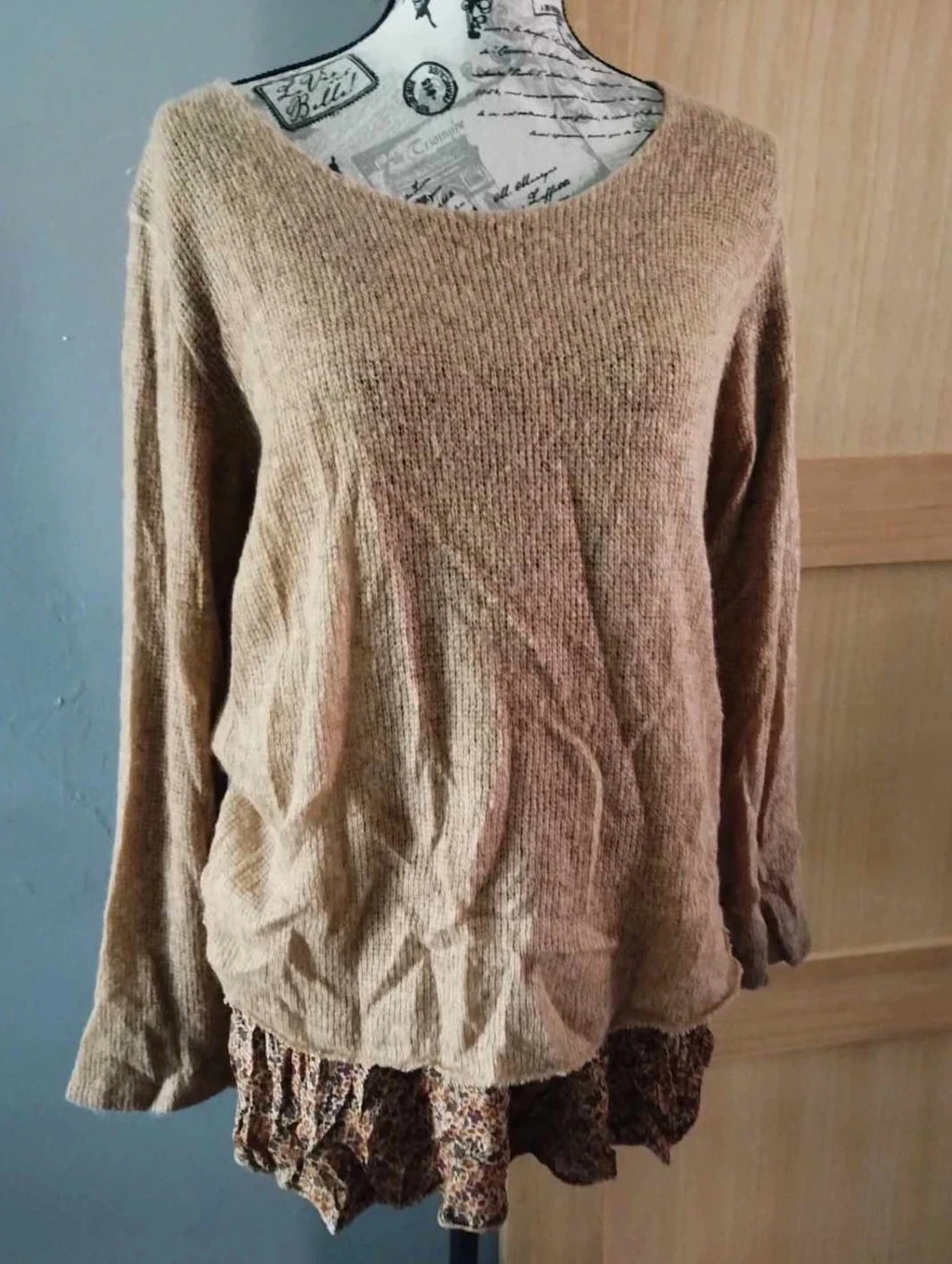 Pull marron avec sous pulls fleuris, made in italy T40